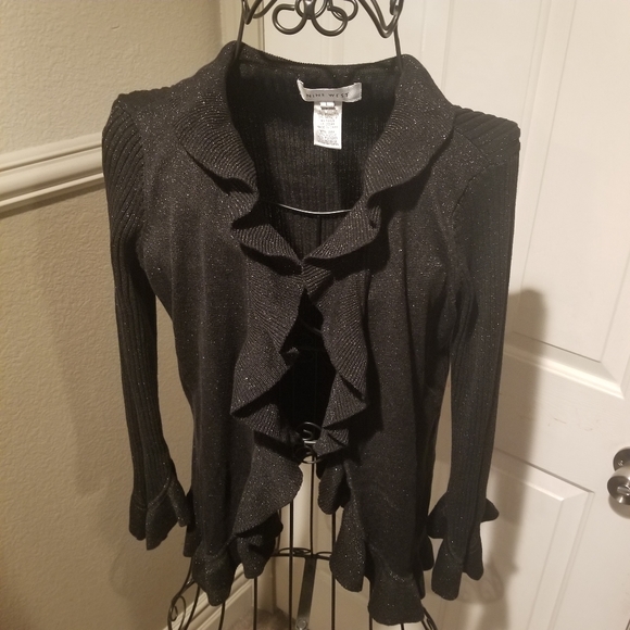 Nine West Sweaters - Nine West Black Shimmery Metallic Ribbed Ruffle Front Cardigan Sweater Sz Large